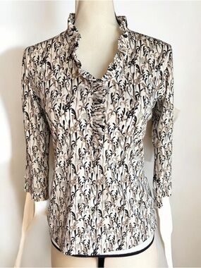 Sport Haley Cream Black & Tan Print with Ruffle V-Neck & 3/4 Sleeve Top XS